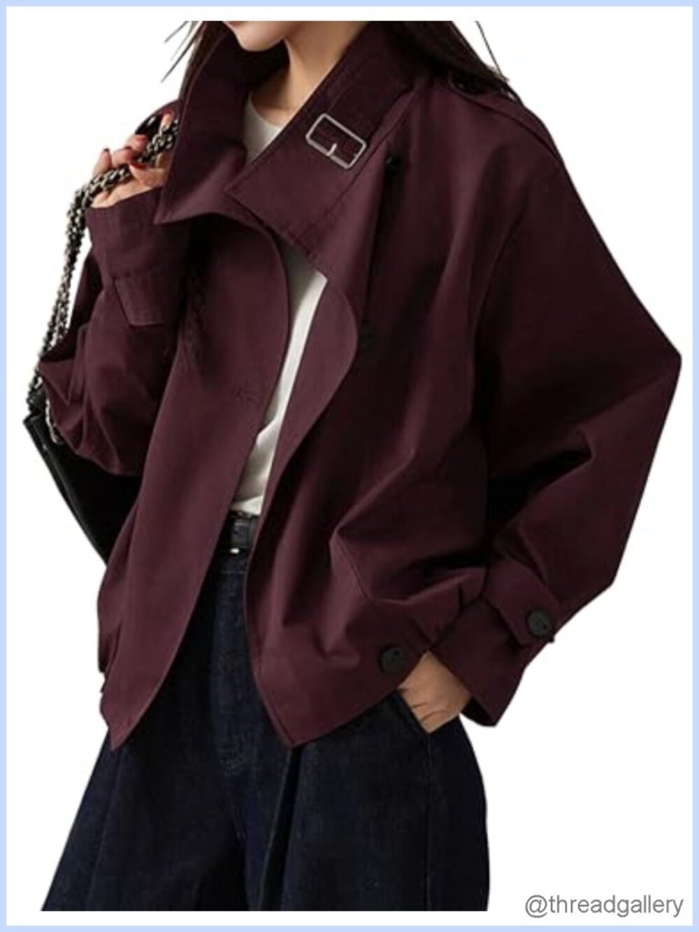 Cropped Trench Coat Funnel Neck Cotton Blend Jacket